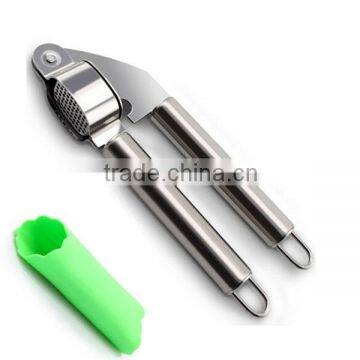 2015 hot Stainless steel Hand garlic Squeezer Garlic Press Kitchen Garlic Presser+silicone tube peeler