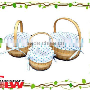 baskets with wooden hanles and liner,wooden baskets for decoration,easter baskets wholesale,set of 3 wood chip basket