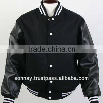 All Black Varsity Jackets made by Wool Body Leather Sleeves