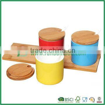 Set of 3 Red / Yellow / Blue Ceramic Spice Jars / Condiment Pots w/ Spoons & Bamboo Lids & Tray