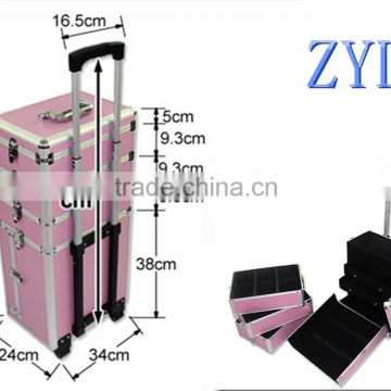 professional aluminum makeup suitcase wheeled pink beauty trolley case