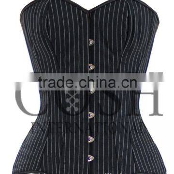 Fullbust Steel Boned Cotton Corset, Black And White Pinstripes Waist Training Curvy Double Steel Boned Corset Ci-001