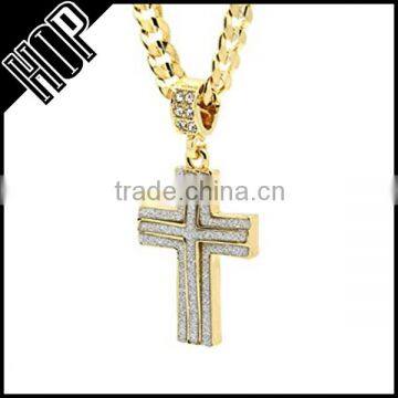 Hip Hop Mens 14k Gold Plated Two Cross Necklace