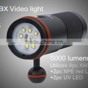 HI-MAX UV8 with 5000 lumen 8pc XM-L2 LED, 2pc XPE red LED and 2pc UV LED diving uv flashlight