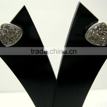 Black Diamond Coated Flat Druzy Trillion Gemstone Stud Earrings, 925 Sterling Silver Stud Earrings Fashion Jewelry