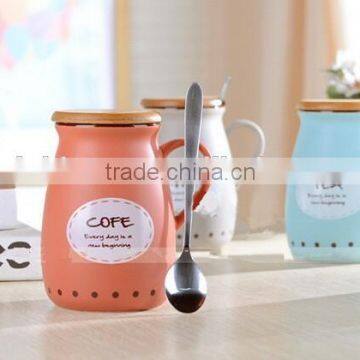 zakka creative retro matte multicolor big belly ceramic tea mug with wooden cover and spoon