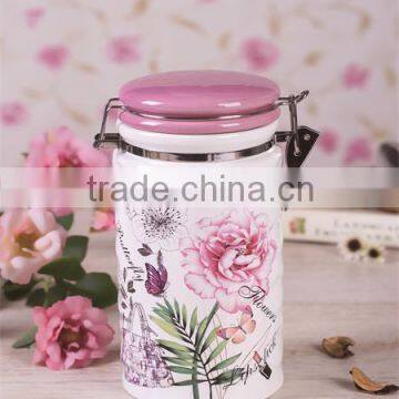 Manufacturer Type Flower Decal Ceramic Canister with Metal Sealing Lid