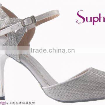 Suphini New Designer Silver Glitter White Satin Elegance Tango Dance Shoes