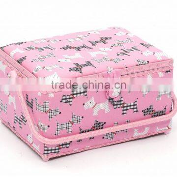 Dog Print Wooden Sewing Tool Basket w/ Accessories