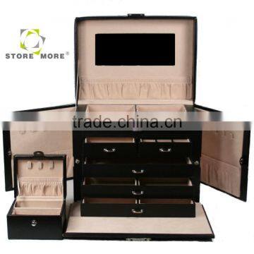 Black Leather Drawer Jewelry Box Travel Case With Lock And Handle photo-2