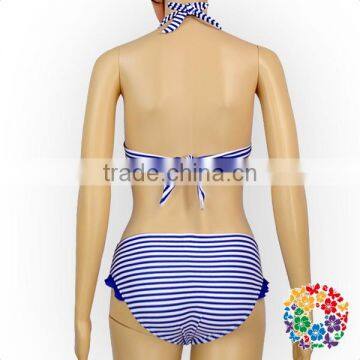 Wholesale Cheap Adult Women Swimsuit Blue White Stripe Bikini Set photo-5