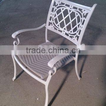 garden creamy white color cast aluminum with synthetic rattan chair stackable scrollwork dining chair with armrest #IVY1030