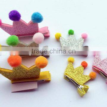 China New Design Cute no Slip Princess Crown Polyester Hair Clips Fabric Hairpin With Sequin Pompon for Bulk Boutique photo-2