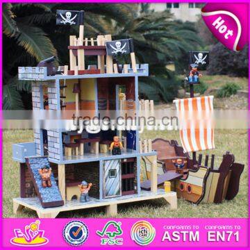 2017 New Design Boys Pretend Play Wooden Pirate Doll House With Pirate Boat W06A162 photo-3