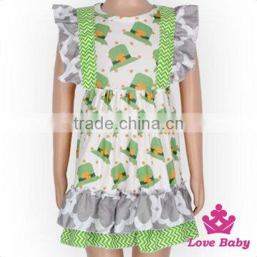 St.Patricks Day Latest Flutter Sleeve Baby Dress Stitching Ruffle Girl Casual Frock Designs