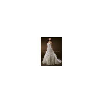 High quality organza lace material appliqued ruched A-line strapless bridal wedding dress custom made