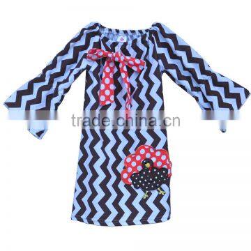 new design white and black wavy line mandarin sleeves baby girl dress with bow and turkey embroidered