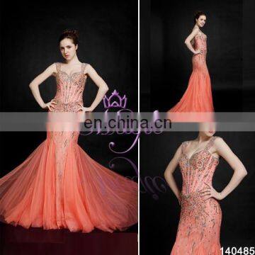 Elegant coral beaded sequin tulle skirt mermaid prom dresses for women