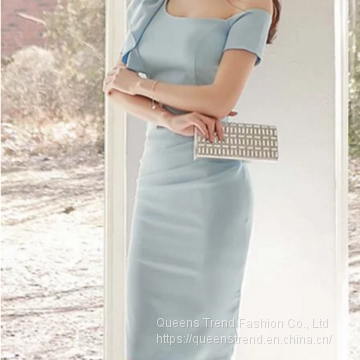 One Shoulder Blue Midi Dress Party Short Sleeve Solid Dress photo-3