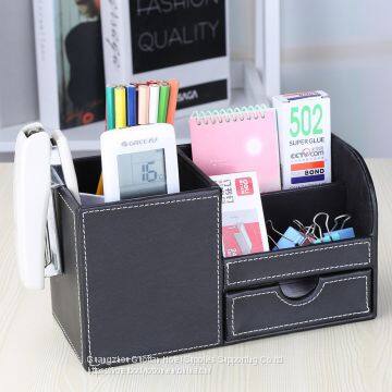 Wooden Struction Leather Multi-function Desk Stationery Organizer Storage Box Pen/Pencil,Cell Phone, Business Name Cards Remote Control Holder With Small Drawer Black photo-2