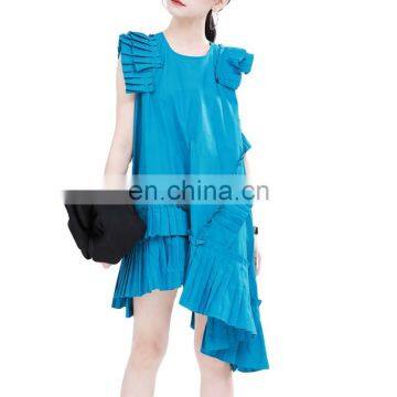 TWOTWINSTYLE Patchwork Ruffle Dress For Women O Neck Sleeveless Slim Oversized Mini A Line