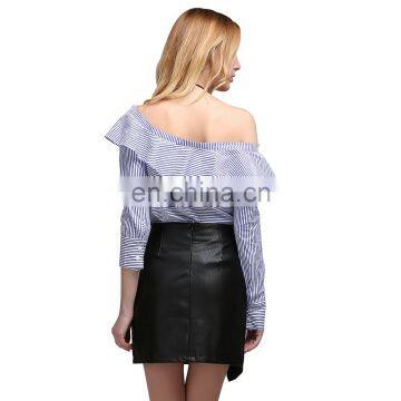Off Shoulder Stripe Tops Clothes Ruffle Slash Neck Shirt Women photo-6