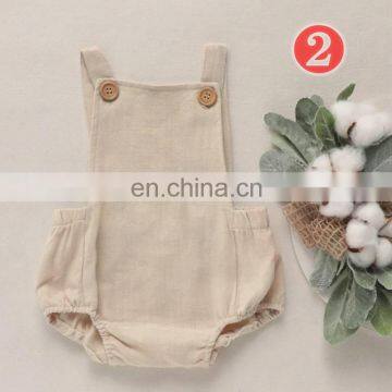 Girls Boys Button Rompers Clothes Solid Yellow Blue Button Summer Linen Newborn Belt Jumpsuit Newborn Romper Onesies photo-4