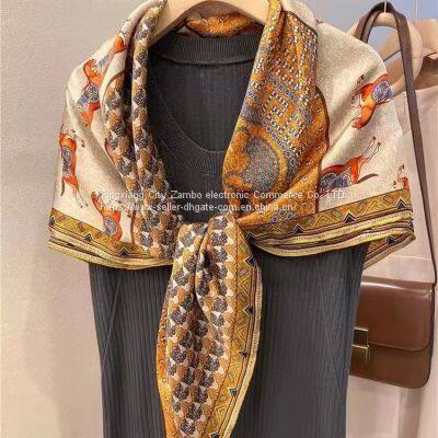 Oil Painting Flowers Silk Feels Soft Scarves Literature and Art Style High Quality 110*110CM photo-2