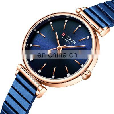 CURREN 9081 new fashion brand luxury quartz watch stainless steel strap rhinestone dial blue clock female