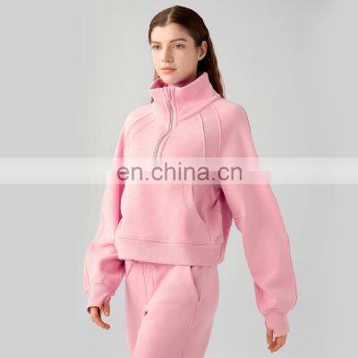 Winter Fleece Quarter Zip Unisex Pocket Pullovers Wholesale Womens Sports Hoodies With Thumb Hole 65cotton 35nylon photo-3