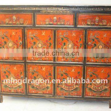 Chinese Antique Tibetan Three Drawer Eight Door Cabinet