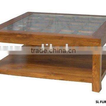 Coffee Table with Glass Top & Solid Shelf - Wooden Coffee Table
