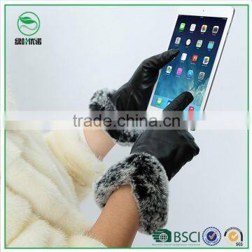 Ladies rabbit fur Leather Gloves sex women dress winter custom leather glove