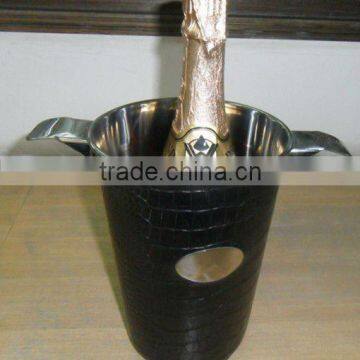 metal Ice bucket with black leather cover