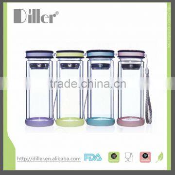 double wall borosilicate glass water bottle PP material with strainer