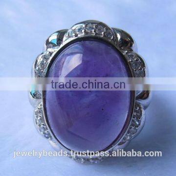 Genuine Natural Oval Amethyst Gemstone Rhodium plated 925 sterling silver Rings Wholesale with Jewel-encrusted