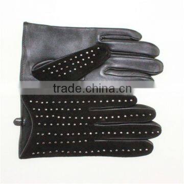 Pig Suede and Sheep Leather Combined Fashion Studded Ladies Leather Gloves