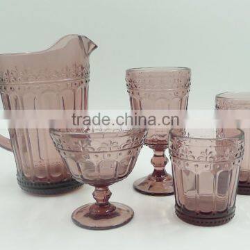 press Wine goblet,Hiball,DOF, sundae cup,pitcher in lime/purple color glass with flower point embossed pattern