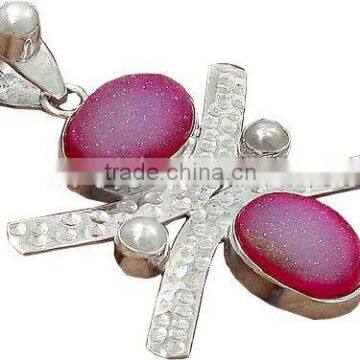 Sterling Silver Blue Topaz & Garnets Pendant , Semiprecious Pendant K1202 photo-4