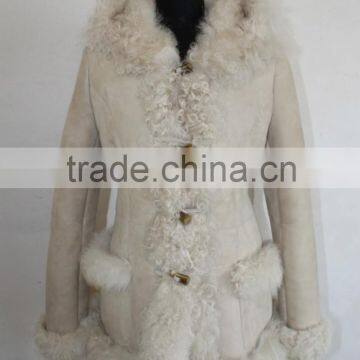 Hot Style Dyeing Cream White Natural Mongolian Lamb Fur Long Coat And Hat Together