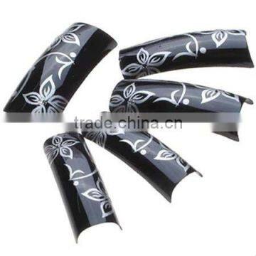 Black Flower Design French Acrylic Nail Tips X 100 HN320