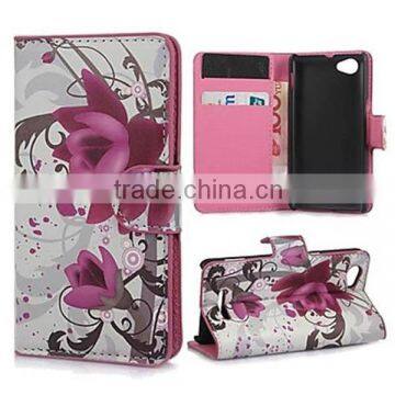 Elegant Purple Flower Pattern PU Leather Case with Stand and Card Slot for Sony Xperia M C1905