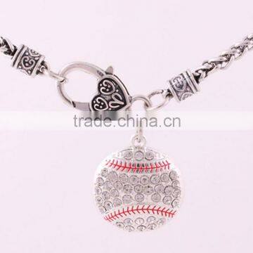 Lobster Claw Wheat Link Chain With Large Clasp Crystal Round Baseball Softball Sports Necklace