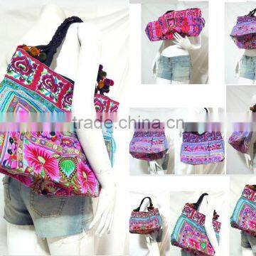 HIPPIE BOHO thai handmade festival hmong Large Hmong Hil Tribal Pom Pom fabric Tote Bag Handbag