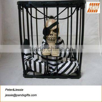 Talking pirate in cage with light eyes want to running away