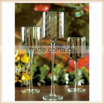 hand blown long stem silver glass candle holder