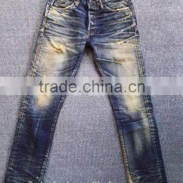 Custom High quality vintage wash distressed Japanese selvedge jeans denim selvedge denim jeans (LOTV022)