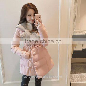 2016 Customized Manufacture Fashionable Korean Style Winter Thick Turn-down Collar Medium Style Ladies Coats With Braid
