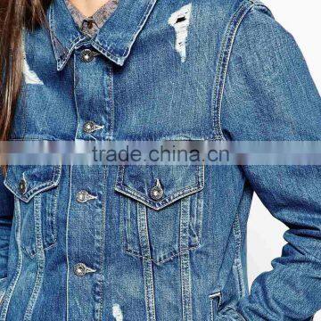 Long Style Young Girl Ripped Denim Jacket Women Cheap photo-3