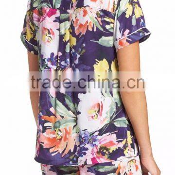 Custom Floral Print Women Short Pajamas Pyjama Set White Piping Short Sleeve Top With Shorts PJ Set photo-2